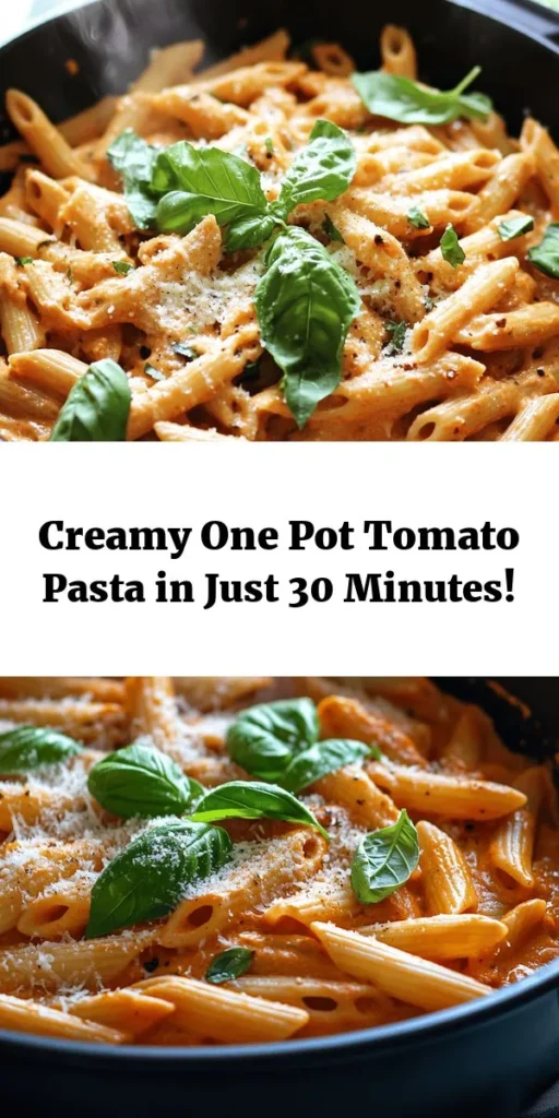 Discover the delight of this easy one pot creamy tomato pasta! Perfect for busy weeknights, this dish combines tender pasta with a rich, velvety tomato sauce infused with garlic, onion, and herbs. With just a few simple ingredients like crushed tomatoes, vegetable broth, heavy cream, and Parmesan cheese, you can whip up a meal in just 30 minutes. Top it with fresh basil for an extra burst of flavor. Ideal for both pasta lovers and those looking for a quick, satisfying dish! Enjoy this creamy goodness tonight!