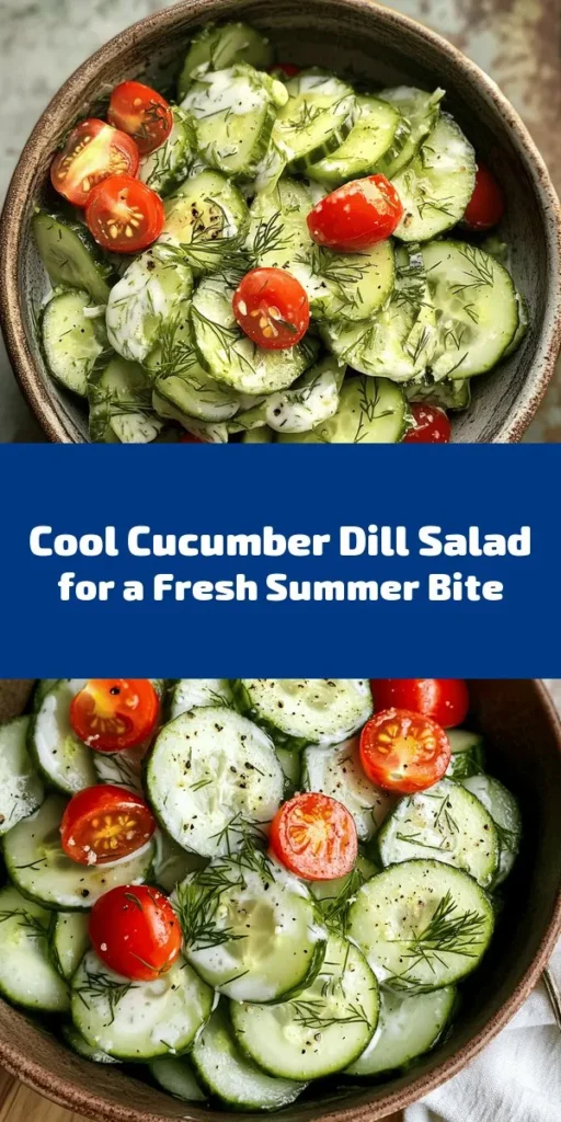 Beat the heat with this refreshing Cucumber Dill Salad! Perfect for summer, this light and creamy dish features crunchy English cucumbers coated in a zesty Greek yogurt dressing with fresh dill, lemon juice, and garlic. Add red onion for a little kick, and finish with vibrant cherry tomatoes for a gorgeous presentation. Chill for 30 minutes to let the flavors meld. A quick and delicious side for picnics or barbecues! Enjoy this simple recipe in just 15 minutes of prep time.