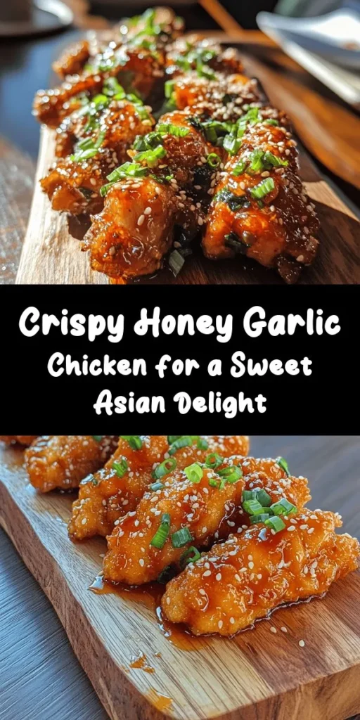 Indulge in the delight of crispy Chinese Honey Garlic Chicken! This dish features tender, bite-sized chicken thighs coated in a crispy blend of cornstarch and flour, perfectly fried to golden perfection. Bathed in a sweet and savory honey garlic sauce, every bite is packed with flavor. Ideal for a cozy dinner or a fun gathering, serve it over steamed rice or alongside stir-fried veggies. Quick to make and sure to impress—try it tonight!