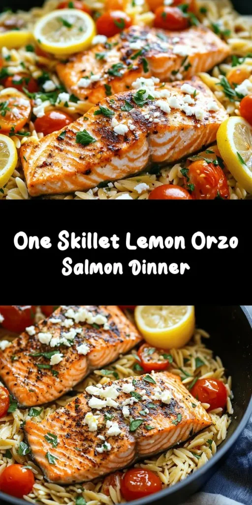 Discover the perfect weeknight meal with this One Skillet Salmon with Lemon Orzo recipe! Ready in just 30 minutes, this dish combines crispy salmon fillets with flavorful orzo pasta cooked in a savory broth. Enhanced with fresh garlic, sweet cherry tomatoes, and a zesty lemon kick, it's both delicious and easy to make. Top it off with fresh parsley and optional feta for a delightful finish. Perfect for a quick family dinner or entertaining friends! Enjoy the bright flavors all in one pan!