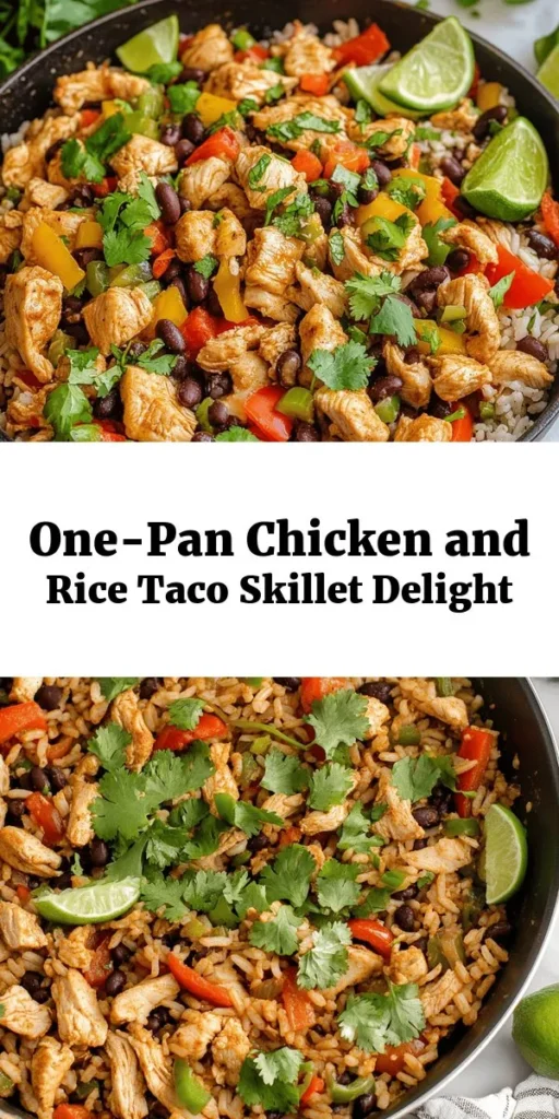 Make weeknight dinners a breeze with this delicious Chicken and Rice Taco Skillet! Packed with flavor and easy to prepare, this one-pan meal combines tender chicken, fluffy rice, black beans, corn, and colorful veggies all seasoned with taco spices. Perfect for busy nights, it's ready in just 40 minutes. Serve it warm, topped with fresh cilantro, lime wedges, and your favorite toppings like cheese and avocado for a satisfying dinner everyone will love! 🌮🍗