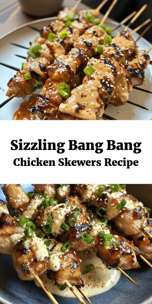 Get ready to impress with these mouthwatering Bang Bang Chicken Skewers! Perfect for BBQs or quick weeknight dinners, these tender chicken bites are marinated with flavorful spices, grilled to perfection, and served with a spicy-sweet homemade sauce that's totally addictive. Topped with green onions and sesame seeds, they’re not just delicious but also visually appealing. Try them for your next gathering, and watch them disappear!