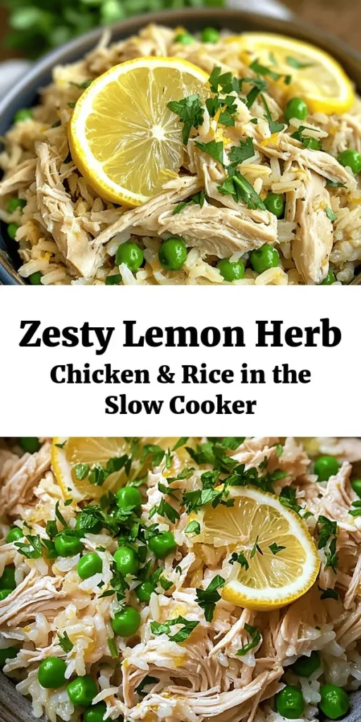 Indulge in this zesty slow cooker lemon herb chicken and rice that's bursting with flavor! Perfect for busy days, this dish features tender chicken breasts, aromatic herbs, and fluffy rice all cooked to perfection in a savory lemon broth. With minimal prep and a cooking time of up to 7 hours, you’ll have a delicious, hassle-free meal waiting for you. Garnish with fresh parsley and lemon slices for a bright finish. Ideal for the whole family!