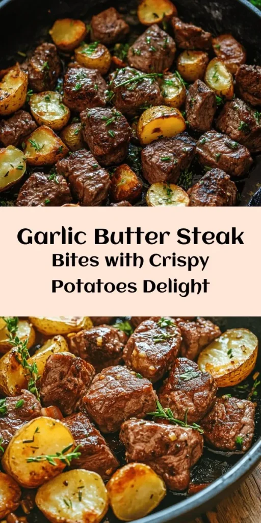Treat yourself to a mouthwatering dish with these Sizzling Garlic Butter Steak Bites and Crispy Potatoes! This simple recipe features tender sirloin steak cubes cooked in a rich garlic butter sauce, paired with perfectly crispy potatoes. Ready in just 40 minutes, it's perfect for a quick dinner or a special occasion. Serve it with your favorite dipping sauce or a fresh salad for a complete meal. Don't forget to garnish with fresh parsley for an extra touch! Get cooking today!