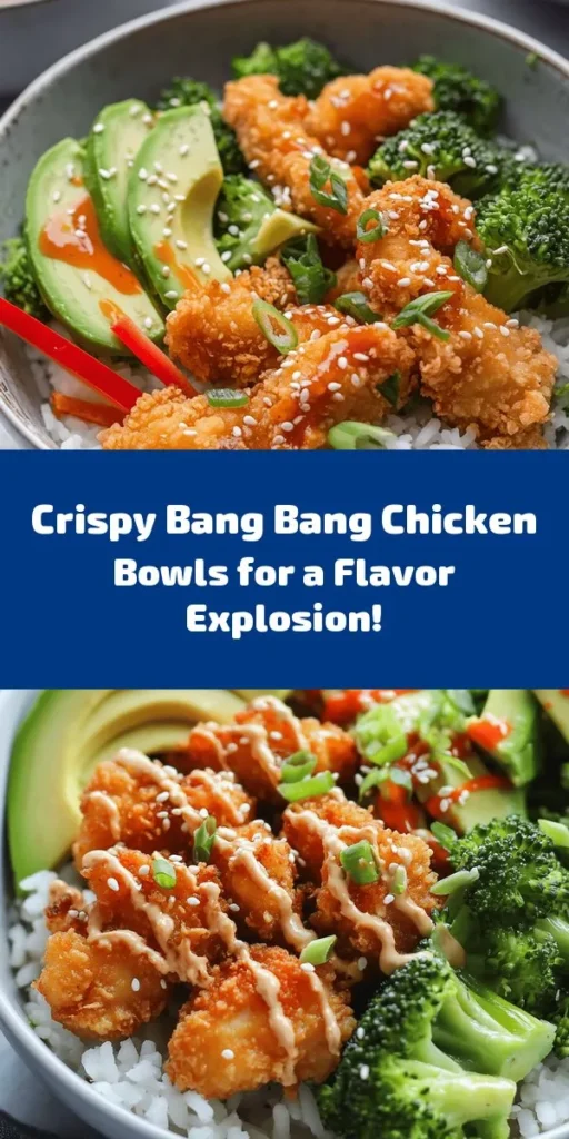 Try these mouthwatering Bang Bang Chicken Bowls for a delicious meal that's packed with flavor! Crispy, golden chicken thighs are coated in a spicy cornstarch mix and paired with fluffy jasmine rice, vibrant steamed broccoli, and fresh avocado. Drizzle with a creamy and tangy Bang Bang sauce for the perfect finish. It’s an easy, fun dish to prepare that serves four, making it perfect for family dinners or meal prep. Enjoy the crunch and spice!