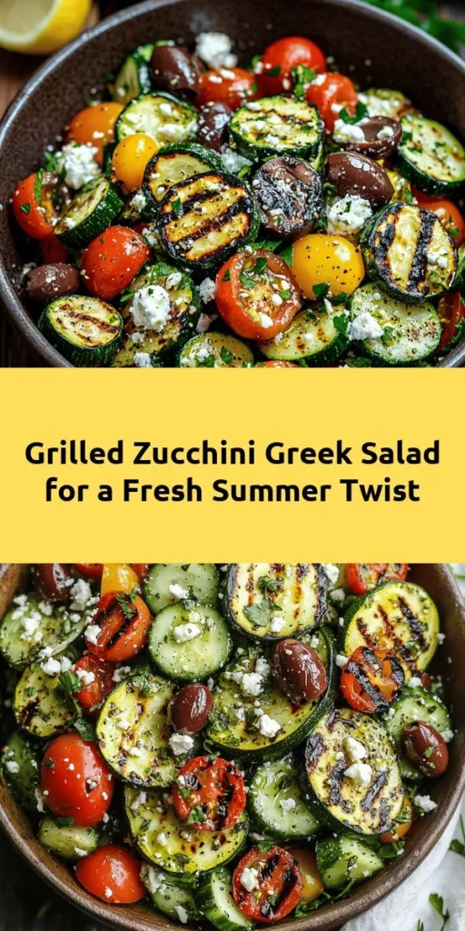 Brighten up your summer meals with this vibrant Grilled Zucchini Greek Salad! Featuring succulent grilled zucchini, juicy cherry tomatoes, crisp cucumbers, and tangy Kalamata olives, this salad is bursting with flavor. Tossed with crumbled feta and a zesty dressing of red wine vinegar and lemon juice, it’s perfect for any occasion. Quick to prepare and deliciously refreshing, it’s the ideal dish to entertain or enjoy as a light meal. Dive into this Mediterranean delight today!