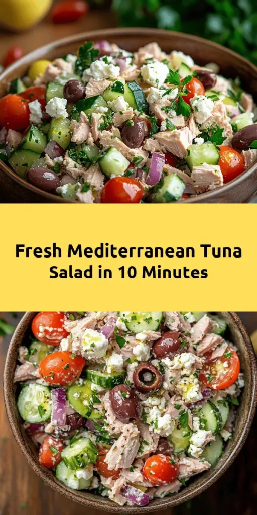 Savor the flavors of the Mediterranean with this quick and easy Tuna Salad Delight! Packed with protein and vibrant ingredients like cherry tomatoes, cucumbers, Kalamata olives, and feta cheese, this salad is a nutritious choice for lunch or dinner. With a simple homemade dressing of olive oil, red wine vinegar, and oregano, it's bursting with flavor. Ready in just 10 minutes, enjoy it fresh or chilled, topped with parsley for an extra touch! Perfect for meal prep or a light meal on-the-go.