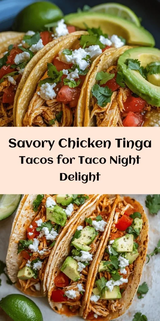 Try these mouthwatering Chicken Tinga Tacos for a deliciously satisfying meal! Made with tender shredded chicken, tomatoes, chipotle peppers, and spices, these tacos burst with flavor. Top with fresh cilantro, creamy avocado, and a squeeze of lime for the ultimate experience. Perfect for Taco Tuesday or any casual gathering, this recipe is quick to prepare and sure to impress. Enjoy a taste of Mexico right at home!