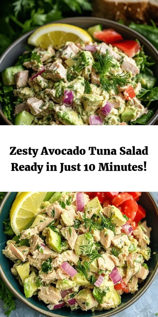 Looking for a quick and healthy meal? Try this Zesty Avocado Tuna Salad! It's a delicious blend of creamy avocado, nutritious tuna, and crunchy veggies, all mixed with Greek yogurt and Dijon mustard for an extra kick. Perfect for serving on mixed greens or as a tasty sandwich filling. Ready in just 10 minutes, this recipe is not only simple but also packed with flavor. Enjoy a fresh and satisfying meal today!
