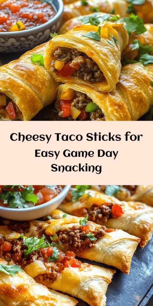 Indulge in these delicious Cheesy Taco Sticks that are perfect for a snack or party appetizer! Made with a buttery crescent roll dough, filled with seasoned ground beef or turkey, and a blend of melty cheddar and Monterey Jack cheese, this recipe is sure to impress. Add in some colorful bell peppers and onions for extra flavor. Bake until golden brown and serve with salsa or guacamole for the ultimate treat. Quick and easy to prepare in just 30 minutes!