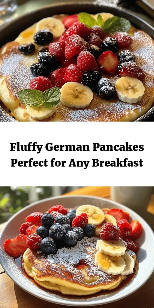 Indulge in the joy of Fluffy German Pancakes! This easy recipe combines simple ingredients like flour, milk, and eggs to create a light and airy breakfast delight. Preheat your oven, whip up the batter, and watch it puff up beautifully as it bakes. Serve with a dusting of powdered sugar, fresh fruits like berries or bananas, and a drizzle of maple syrup for the perfect treat. Ideal for family brunches or cozy mornings at home! Enjoy this deliciousness!