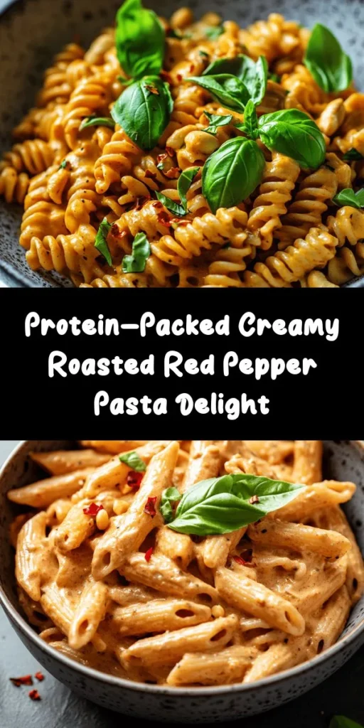 Indulge in this high-protein creamy roasted red pepper pasta that's both delicious and satisfying! Made with whole wheat or chickpea pasta, roasted red peppers, and a creamy cashew sauce, this dish is perfect for a wholesome weeknight dinner. Load it up with diced chicken or chickpeas for an extra protein boost, and spice it up with red pepper flakes if you like. Garnish with fresh basil for a vibrant finish. It's quick to prepare and packed with flavor, making it a family favorite!
