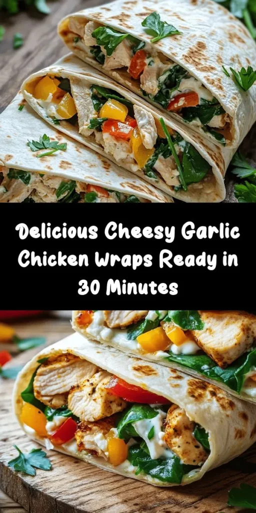 Indulge in these flavorful Cheesy Garlic Chicken Wraps that are perfect for a quick and satisfying meal! With tender chicken strips marinated in garlic and Italian seasoning, and a creamy blend of mozzarella and cream cheese, every bite is cheesy goodness. Packed with fresh spinach and optional bell peppers, these wraps are not only delicious but also colorful. Grill them for an extra crispy finish and serve with your favorite dip. Easy to make and ready in just 30 minutes, they are ideal for busy weeknights!