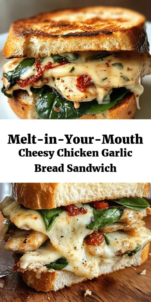 Indulge in the ultimate comfort food with this Cheesy Chicken Garlic Bread Sandwich. Marinated chicken breasts are grilled to perfection and layered between thick slices of buttery garlic sourdough, fresh spinach, melty mozzarella, and a sprinkle of Parmesan. This quick and easy recipe promises crispy, golden sandwiches that are bursting with flavor. Perfect for lunch or a cozy dinner, serve with fresh basil for an extra touch. Enjoy every cheesy bite!