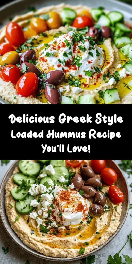 Indulge in this vibrant Greek Style Loaded Hummus, a delightful twist on the classic dip! With creamy chickpeas, flavorful tahini, and zesty lemon, this recipe is quick to whip up in just 15 minutes. Layered with fresh cucumber, juicy cherry tomatoes, Kalamata olives, and crumbled feta, it's a feast for the eyes and taste buds. Perfect for sharing with pita, veggies, or crackers, this hummus is sure to impress at your next gathering. Enjoy a taste of the Mediterranean!