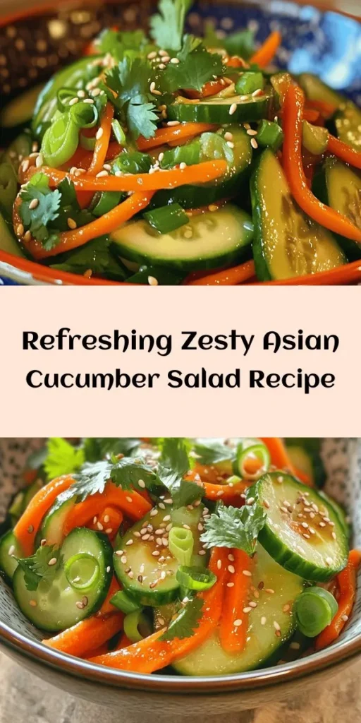 Brighten up your meal with this refreshing Zesty Asian Cucumber Salad! Packed with crunchy cucumbers, vibrant shredded carrots, and colorful bell peppers, this salad bursts with flavor thanks to a tangy dressing made from rice vinegar, soy sauce, and sesame oil. Perfect as a side dish or a light lunch, it pairs beautifully with any Asian-inspired dish. Chill for a bit to enhance the flavors, and finish with a sprinkle of sesame seeds for added crunch. Enjoy!