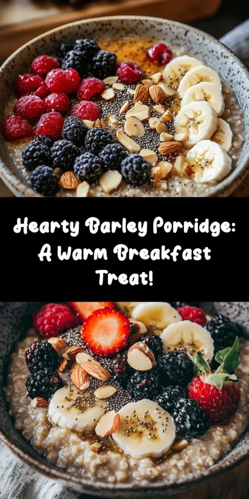 Start your day with a bowl of Hearty Barley Porridge Delight! This warm and nourishing recipe features pearl barley cooked to perfection and combined with creamy almond milk, a hint of maple syrup, and a sprinkle of cinnamon. Top with your favorite fresh fruits, nuts, or a dollop of yogurt for added texture and flavor. Perfect for breakfast or a cozy brunch, this porridge is not only delicious but also packed with wholesome goodness. Enjoy a comforting meal that’s easy to make!