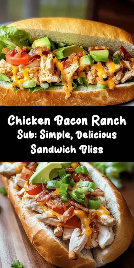 Indulge in the deliciousness of a Chopped Chicken Bacon Ranch Sub! This easy recipe combines tender chicken, crispy bacon, and creamy ranch dressing, all nestled in a toasted sub roll. With fresh lettuce, juicy tomato, and optional toppings like avocado or pickles, it's a flavor-packed meal perfect for lunch or dinner. Ready in just 30 minutes, your taste buds will thank you! Make it for your next gathering or a quick family meal.