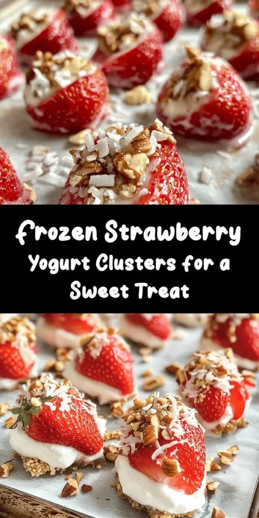 Beat the heat with these delightful Frozen Strawberry Yogurt Clusters! Made with fresh strawberries, creamy Greek yogurt, and a touch of honey, they’re a healthy treat that’s perfect for warm days. Dip strawberries in a smooth yogurt mixture, add your favorite toppings like nuts or granola, freeze them, and you're all set! With just 15 minutes of prep, these clusters are a fruity, refreshing snack everyone will love. Enjoy this simple yet delicious recipe!
