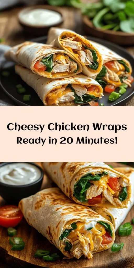 Looking for a quick and delicious meal? Try these Easy Cheesy Chicken Wraps that are perfect for lunch or dinner! Made with juicy shredded chicken, creamy ranch, and plenty of cheese, they are bursting with flavor. Pack them with fresh spinach and tomatoes, then grill until golden brown for that perfect crunch. In just 20 minutes, you'll have a tasty dish that’s great for the whole family. Serve with extra ranch for dipping!