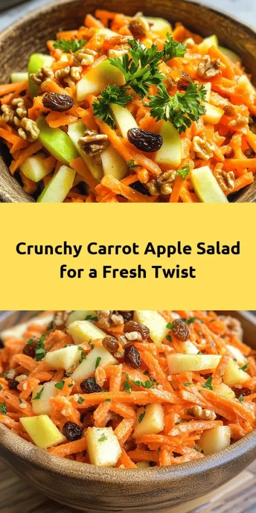 Looking for a refreshing and crunchy salad? Try this Crunchy Carrot Apple Delight! This vibrant dish combines grated carrots and apples with raisins, walnuts, and fresh parsley for a perfect balance of flavors. Drizzled with a simple honey and apple cider vinegar dressing, it's an ideal side for any meal. Ready in just 25 minutes, it's both healthy and delicious. Enjoy it chilled or at room temperature for a delightful crunch!