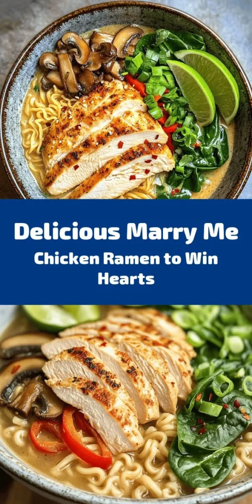 Indulge in a bowl of Marry Me Chicken Ramen, a comforting dish that combines tender chicken, rich coconut milk, and vibrant veggies. With sautéed garlic, fresh ginger, and a hint of lime, this easy recipe is packed with flavor. Perfect for a cozy dinner, it's ready in just 35 minutes! Garnish with green onions, cilantro, and serve alongside lime wedges for that extra zing. Your taste buds will thank you! Enjoy the love with every bite.