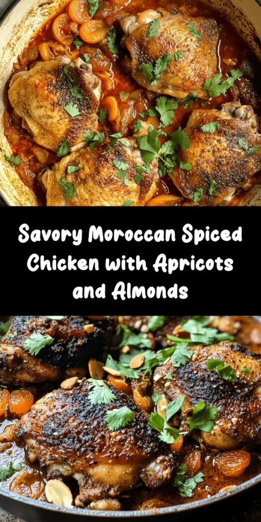 Discover the flavors of Morocco with this delicious Moroccan Spiced Chicken recipe! Juicy chicken thighs marinated in a fragrant blend of spices like cumin, cinnamon, and smoked paprika are seared to golden perfection. Baked with onions, garlic, and sweet apricots in a savory broth, this dish is an explosion of flavor. Serve it with couscous or rice for a satisfying meal. Garnish with toasted almonds and fresh herbs for an extra crunch! A perfect weeknight dinner!