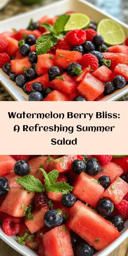 Enjoy a taste of summer with this Refreshing Watermelon Berry Bliss salad! Packed with juicy watermelon, strawberries, blueberries, and raspberries, this vibrant dish is perfect for any gathering. A zesty lime dressing sweetened with honey or maple syrup ties the flavors together, while fresh mint adds a delightful twist. Easy to prepare in just 15 minutes, it's the ideal refreshing treat to serve chilled or at room temperature. Enjoy a bowl of bliss today!
