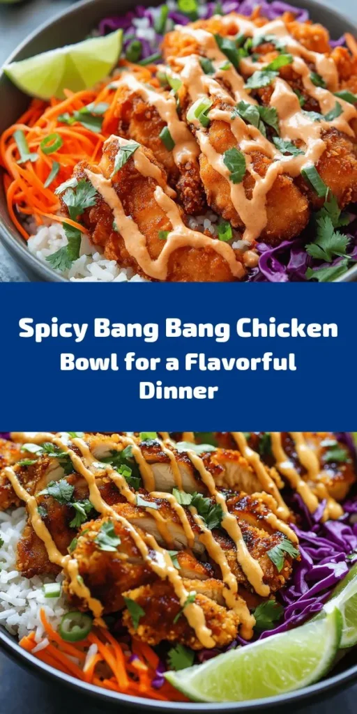 Savor the explosion of flavors in this Bang Bang Chicken Bowl! Start with tender, marinated chicken thighs coated in a crispy layer, then top it with jasmine rice, crunchy veggies, and a creamy, spicy Bang Bang sauce. Perfect for a quick weeknight dinner, this dish combines ease with deliciousness. Fresh cilantro and a squeeze of lime elevate it even further! Try it today for a meal that’s sure to impress and satisfy.