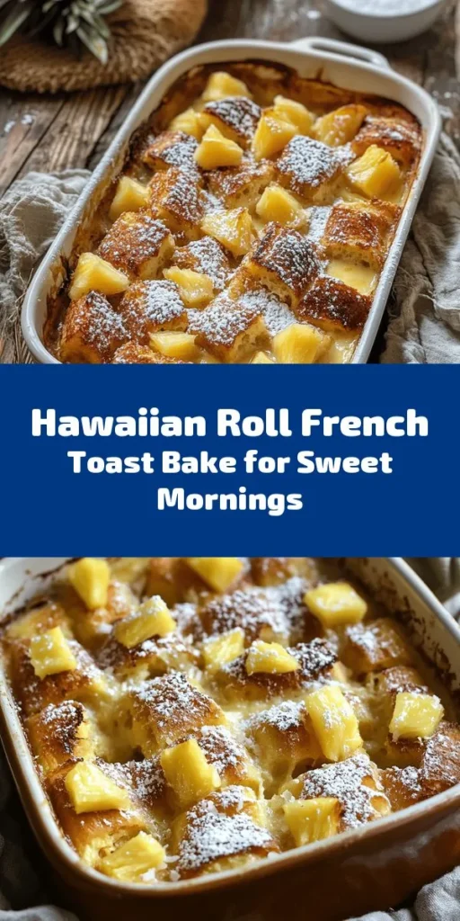 Indulge in the sweet delight of Sweet Hawaiian Roll French Toast Bake! This delicious recipe combines soft Hawaiian rolls with a creamy custard made of eggs, milk, and spices. Topped with optional fresh pineapple and coconut, it's baked to golden perfection. Perfect for brunch or a special breakfast treat, serve it warm with maple syrup and a dusting of powdered sugar. Easy to make and utterly satisfying, it’s sure to become a family favorite!