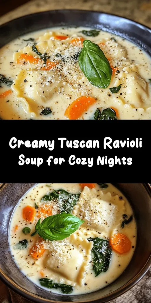 Warm up your dinner routine with this delightful Creamy Tuscan Ravioli Soup! Bursting with flavors from sautéed veggies, aromatic herbs, and tender cheese ravioli, this comforting dish is perfect for any occasion. Finished off with a swirl of heavy cream and fresh spinach, it’s a creamy dream come true. Serve it with a sprinkle of Parmesan and a touch of basil for a restaurant-quality meal at home. Quick to make, this recipe is a family favorite!