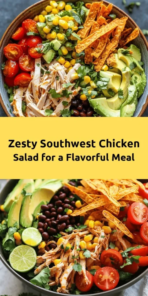 Discover a burst of flavor with this Zesty Southwest Chicken Salad! Packed with shredded chicken, black beans, sweet corn, and fresh veggies like avocado and cherry tomatoes, it's a satisfying and healthy meal. Drizzle with lime juice and olive oil, season with cumin and chili powder, and top with crunchy tortilla strips for an extra kick. Perfect for lunch or dinner, this vibrant salad is easy to prepare in just 15 minutes! Enjoy fresh or let the flavors meld in the fridge.