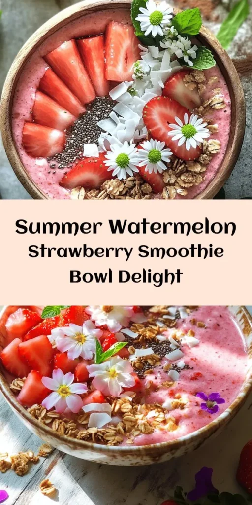 Dive into summer with this refreshing Watermelon and Strawberry Smoothie Bowl! Packed with fresh watermelon, juicy strawberries, and a frozen banana, this vibrant bowl is a feast for the senses. Blend the fruits with coconut water for a hydrating treat, and customize it with Greek yogurt for creaminess if desired. Top it off with chia seeds, granola, and mint for a delightful crunch. Perfect for a quick breakfast or a light snack, you can enjoy this colorful bowl in just 10 minutes!