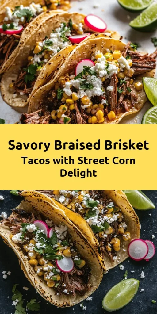 Try these delicious Braised Brisket Tacos topped with flavorful street corn and a zesty Jalapeño Lime Ranch! With tender, slow-cooked brisket seasoned to perfection and grilled corn mixed with cotija cheese and cilantro, these tacos are a showstopper. The creamy ranch dressing adds a spicy kick that complements the dish beautifully. Perfect for gatherings or a cozy night in, this recipe serves 12 and is sure to impress your guests!