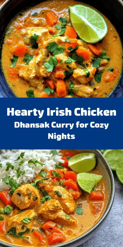 Warm up your kitchen with this hearty Irish Chicken Dhansak Curry! This flavorful dish features tender chicken thighs simmered with aromatic spices, creamy coconut milk, and nutritious red lentils. Packed with vegetables and balanced with a hint of sweetness, it's perfect for a cozy weeknight dinner. Serve it hot with rice or naan, and don’t forget the fresh coriander and lime wedges to elevate your meal. A delicious fusion treat awaits!
