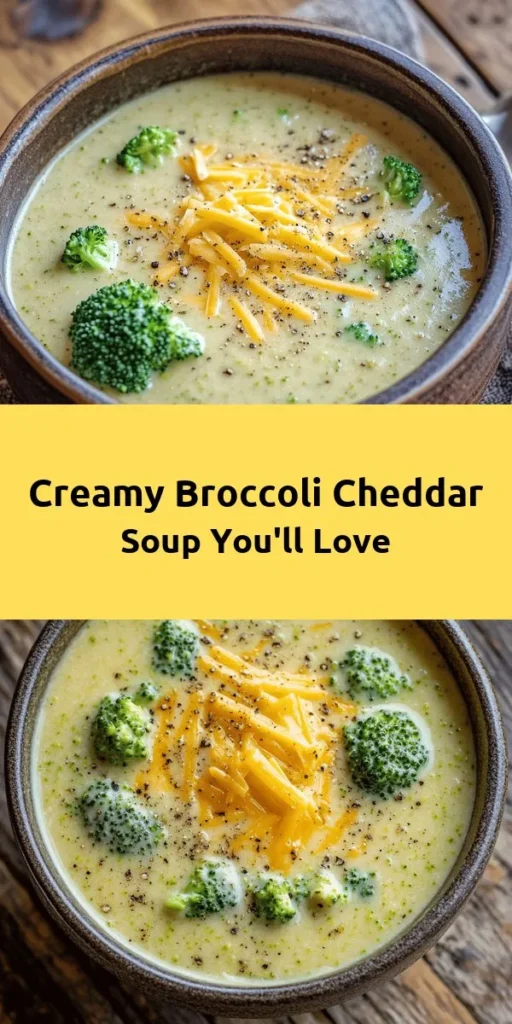 Indulge in this Creamy Broccoli Cheddar Delight that's perfect for cozy nights! With fresh broccoli, sharp cheddar, and a touch of garlic, this soup is both comforting and delicious. It's easy to make in just 40 minutes and can be prepared chunky or smooth based on your preference. A splash of heavy cream makes it rich and creamy, while optional nutmeg adds a hint of warmth. Serve it hot and top with extra cheddar or croutons for the ultimate experience!