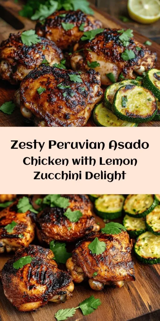 Indulge in the bold flavors of Peruvian Asado Chicken paired with zesty Sautéed Lemon Zucchini! This dish features juicy marinated chicken thighs grilled to perfection and vibrant zucchini sautéed with fresh garlic and lemon. Perfect for a family dinner or a weekend barbecue, it’s simple yet impressive. Ready in about an hour, this recipe serves four and is sure to delight your taste buds. Garnish with cilantro for a fresh finish! Try it today!