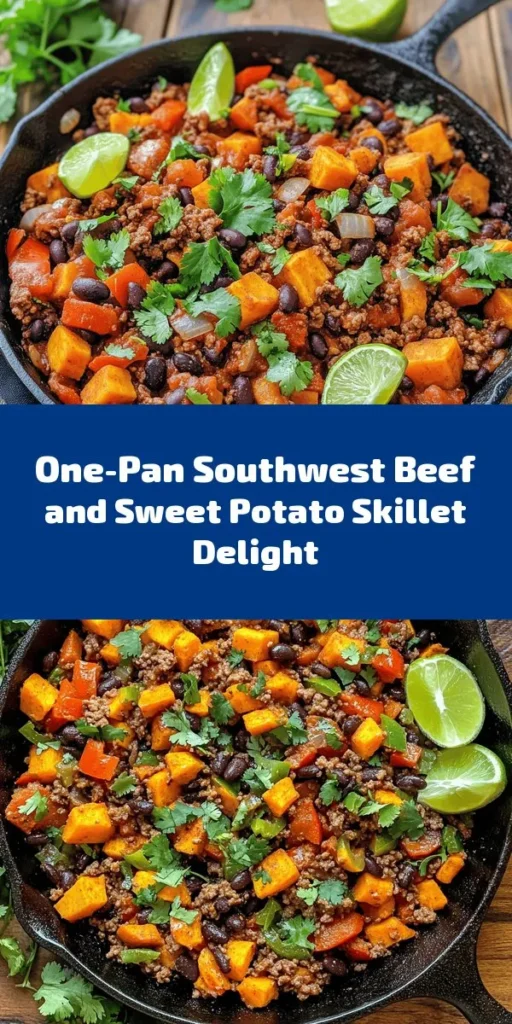 Try this flavorful Southwest Ground Beef and Sweet Potato Skillet, perfect for a hearty weeknight dinner! With ground beef, sweet potatoes, black beans, corn, and spices, it's a delicious one-pan meal. Easy to prepare in just 35 minutes, this dish is packed with protein and nutrients. Top it with fresh cilantro, lime wedges, avocado slices, and cheese for extra taste. Enjoy a cozy, vibrant dinner that the whole family will love!