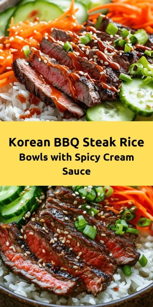 Get ready to elevate your dinner game with these mouthwatering Korean BBQ Steak Rice Bowls! Tender marinated flank steak sits atop a bed of fluffy jasmine rice, accompanied by fresh veggies like cucumbers, carrots, and bell peppers. The dish is brought together with a deliciously spicy cream sauce that packs a flavorful punch. Perfect for a cozy weeknight meal or impressing guests. Dive into this tasty experience tonight!